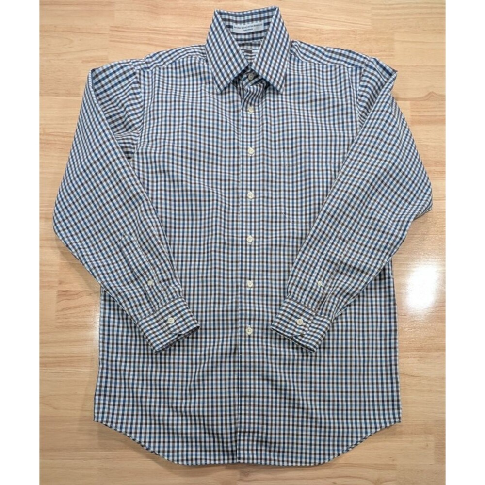 Paul Fredrick Shirt Mens M 15 33 Non Iron Two Ply Cotton Broadcloth Plaid Blue